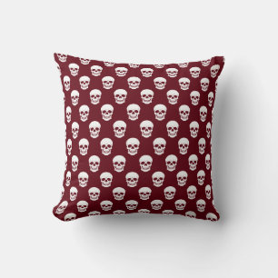 Cojín Decorativo Rojo Borgoña Con Patrón De Calavera Blanca De Hall
