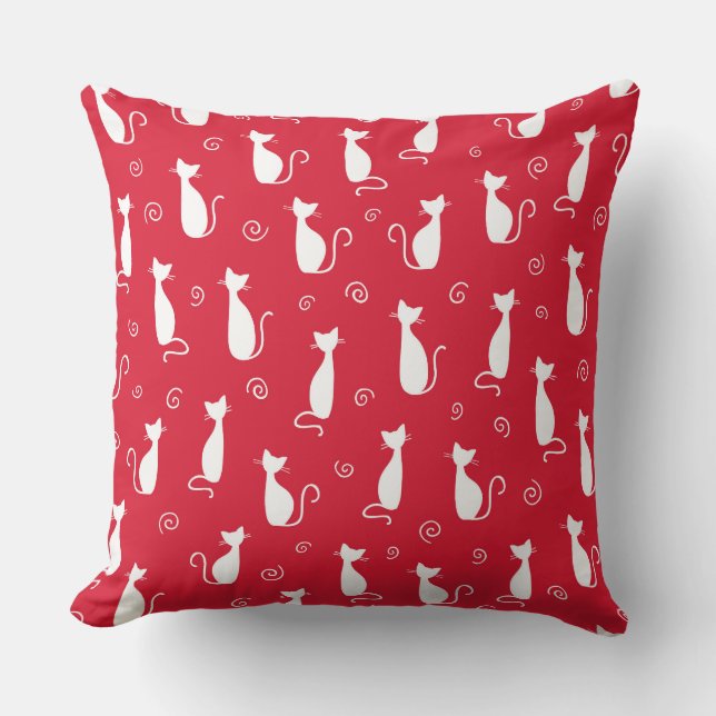 COJÍN DECORATIVO ROJO BRILLANTE CON SILHOUETTES DE GATO BLANCO (Anverso)