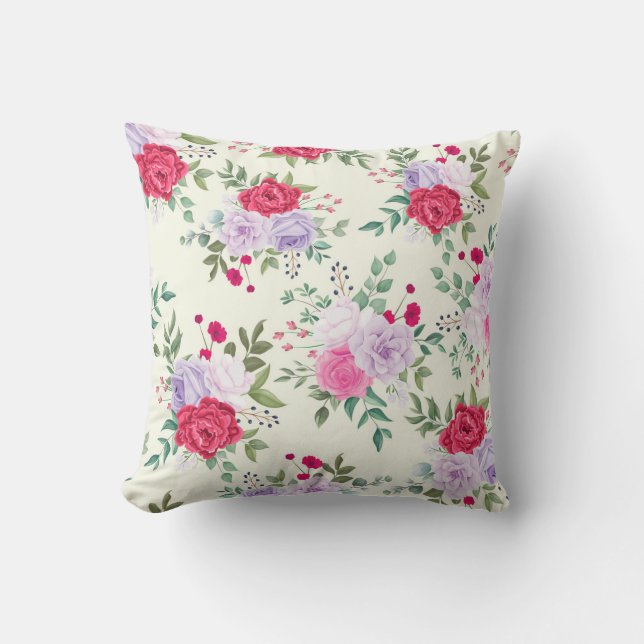 Cojín Decorativo rojo chic, floral rosa (Anverso)