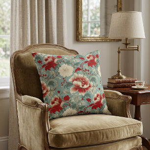 Cojín Decorativo Rojo, crema y verde floral Chinoiserie