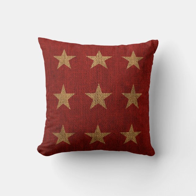 Cojín Decorativo Rojo de las estrellas y natural rústicos (Anverso)