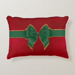COJÍN DECORATIVO ROJO DE NAVIDAD CON LAZO NAVIDEÑO VERDE Y DORADO