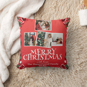 Cojín Decorativo Rojo Elegante Feliz Navidad  Colaje de Fotos Famil