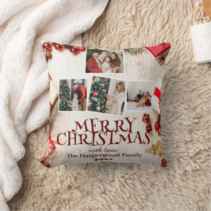 Cojín Decorativo Rojo Elegante Feliz Navidad  Collage de Fotos Fami
