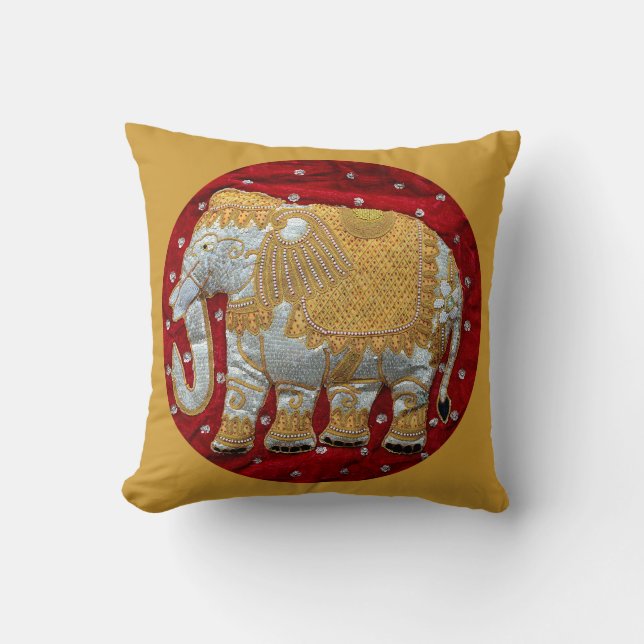 Cojín Decorativo Rojo embellecido y oro del elefante indio (Anverso)