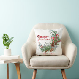 Cojín Decorativo Rojo Feliz Navidad Invierno Ramo Monograma