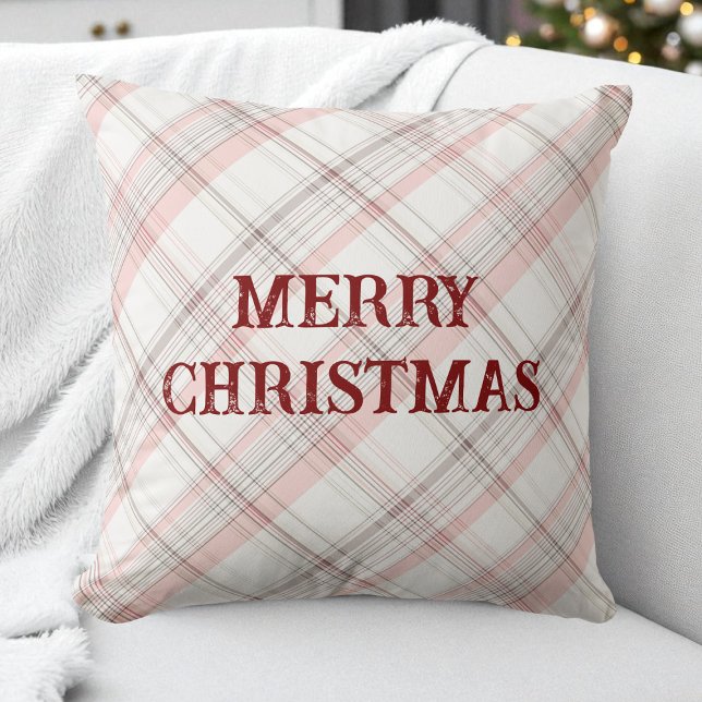 Cojín Decorativo Rojo Feliz Navidad Pink Plaid Pattern Moderno (Red Merry Christmas Pink Plaid Pattern Modern Throw Pillow)