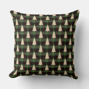 Cojín Decorativo Rojo festivo, verde y crema a cuadros y árboles de