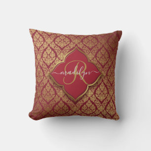 Cojín Decorativo Rojo Granate Oro Fleur Patrón de Damasco Monograma