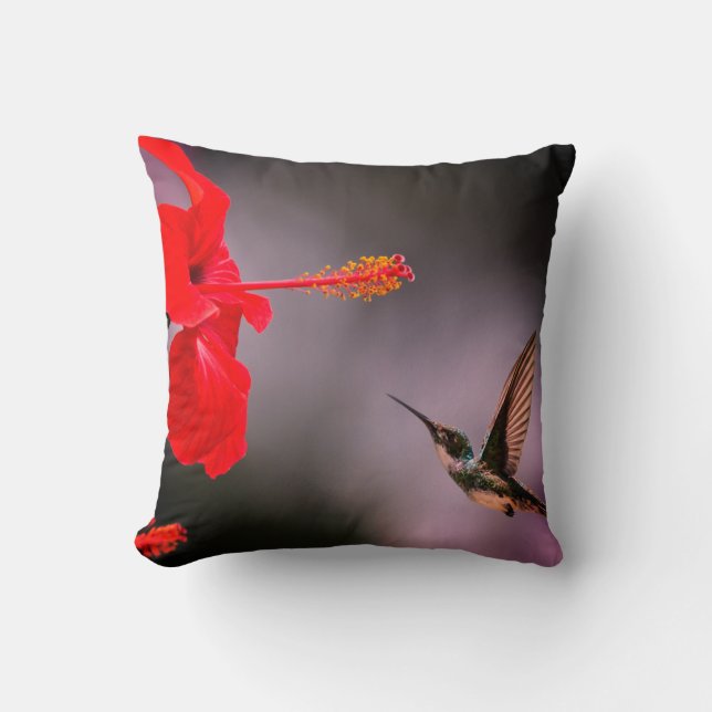 Cojín Decorativo Rojo Hibiscus Hummingbird Fondo oscuro (Anverso)