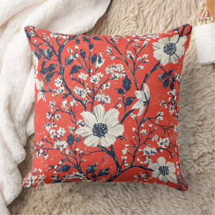 Cojín Decorativo Rojo Índigo Folk Floral de Invierno Patrón de Niev