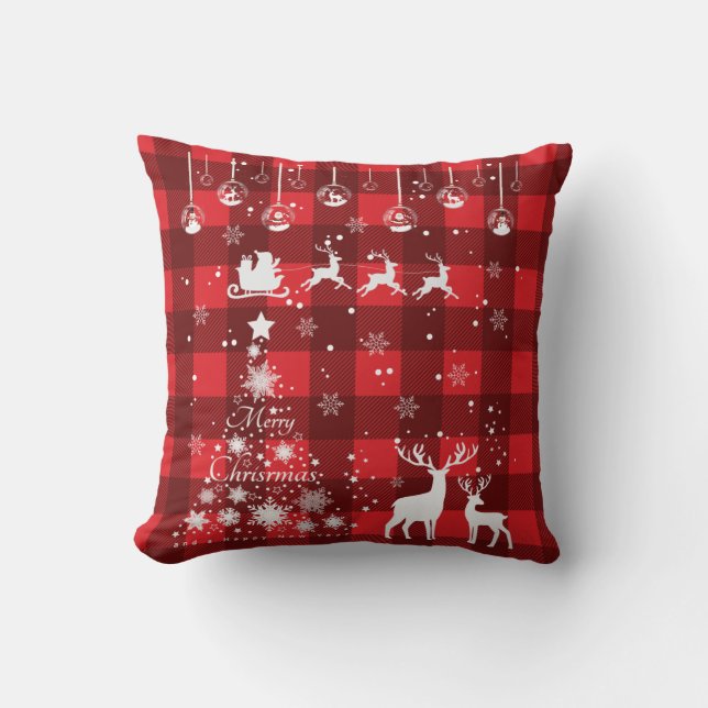 Cojín Decorativo Rojo moderno, plata, moras navideñas copos de niev (Anverso)