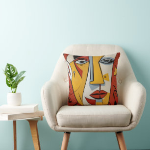 Cojín Decorativo Rojo moderno y rostro abstracto amarillo