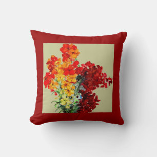 Cojín Decorativo Rojo, Naranja, flores de color de agua de Borgoña