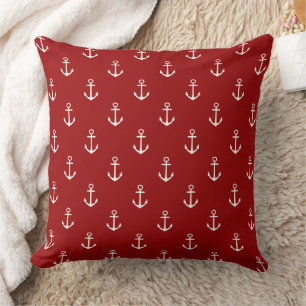Cojín Decorativo Rojo Náutico Con Anclas Blancas