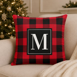 Cojín Decorativo Rojo Negro Plaid Negrita Monograma Navidad