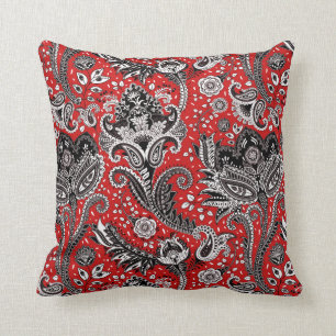 Cojín Decorativo Rojo Negro y Blanco Floral Paisley Bohemio Boho