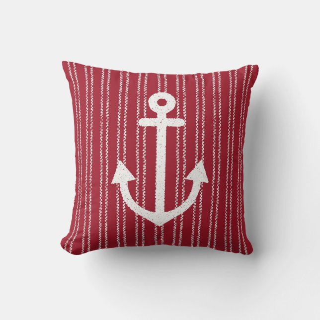 Cojín decorativo rojo rayado costero de Anchor (Anverso)