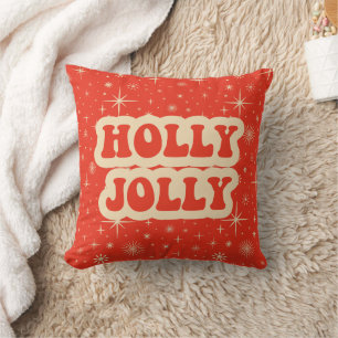 Cojín Decorativo Rojo Retro Groovy Vintage Navidad Holly Alegre