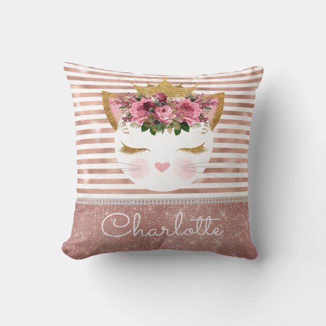 Cojín Decorativo Rojo rosa dorado gatito princesa floral (Anverso)