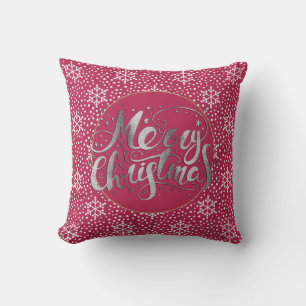 Cojín Decorativo Rojo Rubí Plata Feliz Navidad Copos de Nieve Blanc