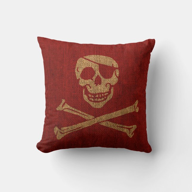 Cojín Decorativo Rojo rústico del cráneo del pirata (Anverso)