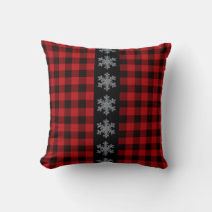 Cojín Decorativo Rojo rústico y cuadros negros - copos de nieve