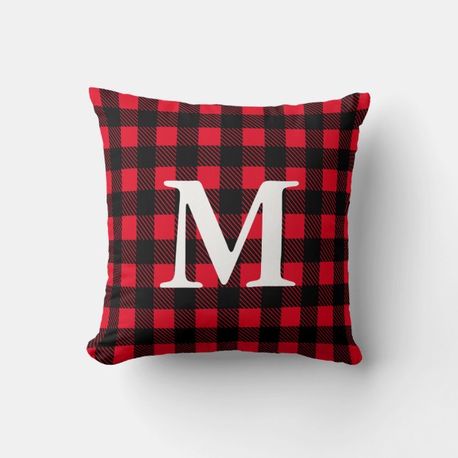 Cojín Decorativo Rojo Rústico y Negro Estilo Lumberjack Placa (Anverso)
