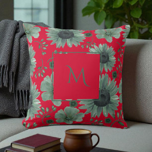 Cojín Decorativo Rojo Verde Acuarela Floral Script