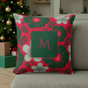 Cojín Decorativo Rojo Verde Acuarela Floral Script