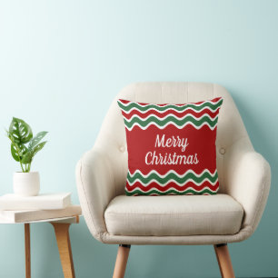 Cojín Decorativo Rojo Verde Blanco Olas Rayas Feliz Navidad