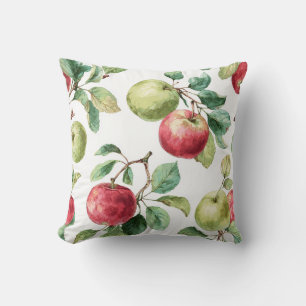 Cojín Decorativo Rojo Verde Manzana Fruta Patrón Acuarela Rústica