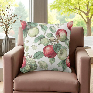 Cojín Decorativo Rojo Verde Manzana Fruta Patrón Acuarela Rústica