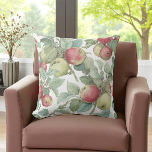 Cojín Decorativo Rojo Verde Manzana Fruta Patrón Acuarela Rústica
