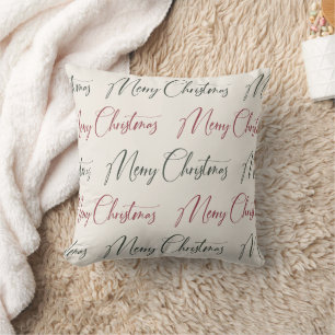 Cojín Decorativo Rojo Verde Marfil Patrón Escritura Feliz Navidad
