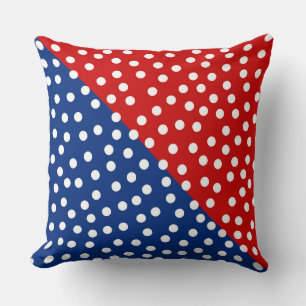 COJÍN DECORATIVO ROJO Y AZUL CON PUNTOS BLANCOS DE POLKA