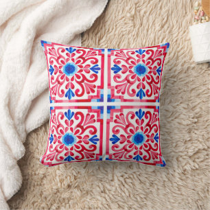 Cojín Decorativo Rojo y Azul Floral Tradicional Mexicana Talavera