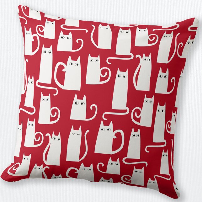 Cojín Decorativo Rojo y blanco de gato curado (Fun festive red and white cat throw pillow)