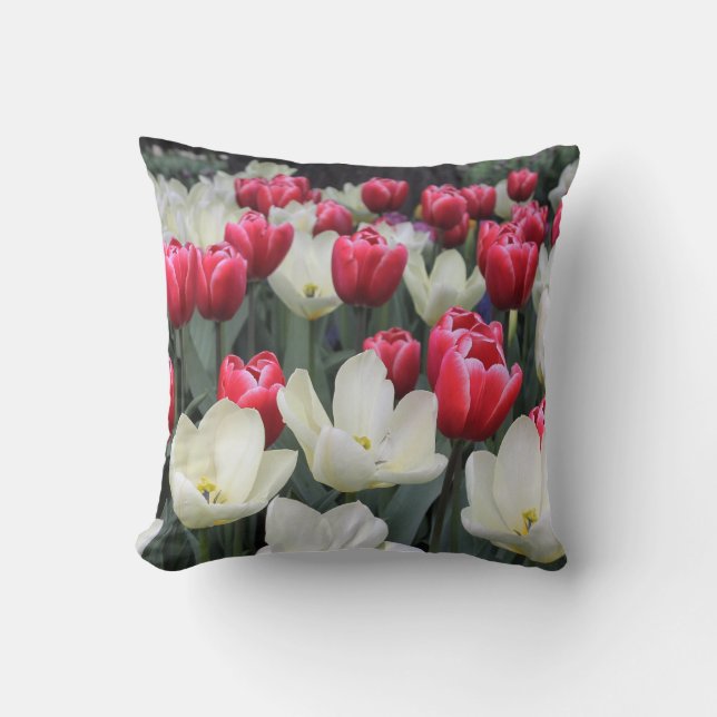 Cojín decorativo rojo y blanco de los tulipanes (Anverso)
