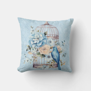 Cojín Decorativo Romántico Jaula de Pájaros Floral Acuarela Vintage
