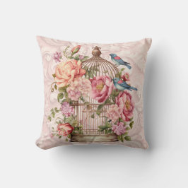 Cojín Decorativo Romántico Jaula de Pájaros Floral Acuarela Vintage