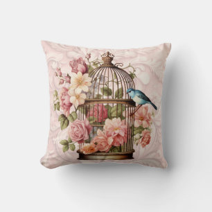 Cojín Decorativo Romántico Jaula de Pájaros Floral Acuarela Vintage