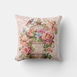 Cojín Decorativo Romántico Jaula de Pájaros Floral Acuarela Vintage