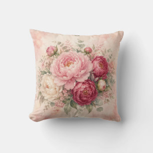 Cojín Decorativo Románticos rosados y peonías acuarela frambuesa