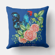 Rooster con flores azules