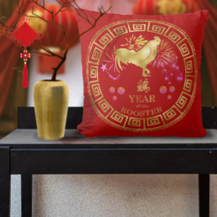 Cojín Decorativo Rooster zodiaco chino rojo/dorado ID542