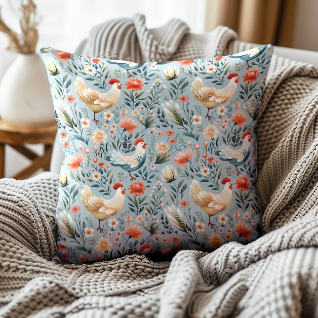 Cojín Decorativo Roosters Chickens Dusty Blue Farmhouse (Blue and white rooster pattern decorator pillow)