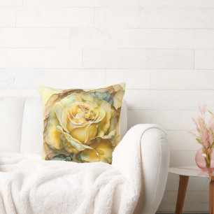 Cojín Decorativo Rosa acuarela amarilla y verde ampliada