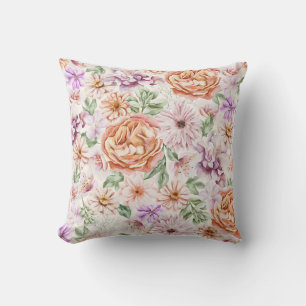 Cojín Decorativo Rosa albaricoque floral vintage en acuarela y púrp