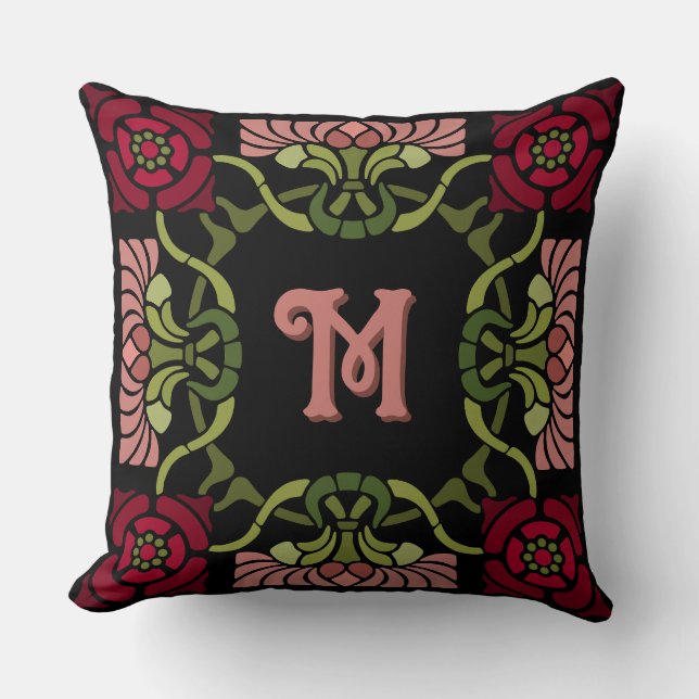 Cojín Decorativo Rosa Art Nouveau de Gótico monogramado y Dahlia Re (Anverso)